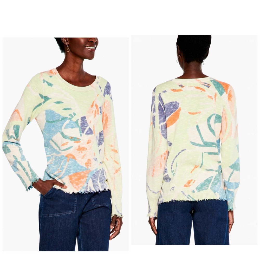 NIC+ZOE Mindfully Made Abstract Tropical Leaf Print Frayed Hem‎ Sweater Large